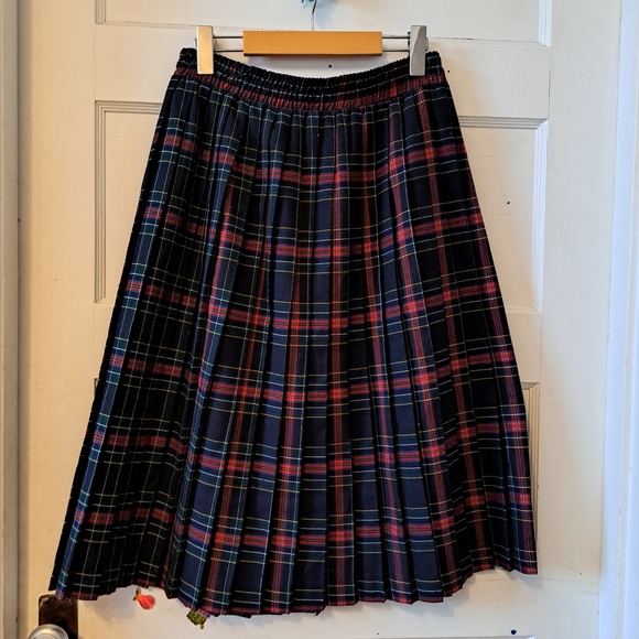 🇨🇦 Vintage Plaid Pleated Midi Skirt Blue Green | Elastic Waist | Size 14 - Picture 2 of 9